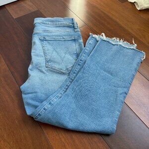 MOTHER Sky Blue Cropped Jeans with Frayed Hem